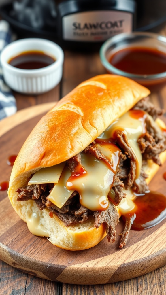 A photo of a juicy beef on weck sandwich from a local deli, garnished with fresh parsley and served on a rustic wooden table